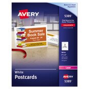 Avery® Printable Postcards, Laser, 80 lb, 4 x 6, Uncoated White, 100 Cards, 2/Cards/Sheet, 50 Sheets/Box Item: AVE5389