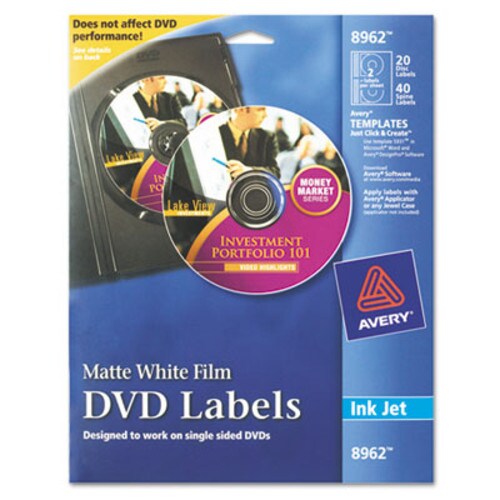Avery® Inkjet DVD Labels, Matte White, 20/Pack Item: AVE8962