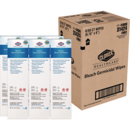 Clorox Healthcare® Bleach Germicidal Wipes, 1-Ply, 6.75 x 9, Unscented, White, 50/Box, 6 Boxes/Carton Item: CLO31424