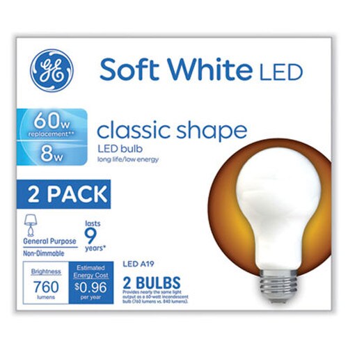 GE Classic LED Non-Dim A19 Light Bulb, 8 W, Soft White, 2/Pack Item: GEL93105686