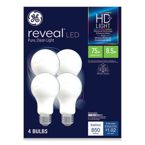 GE Reveal HD+ LED A19 Light Bulb, 8.5 W, 4/Pack Item: GEL93127795