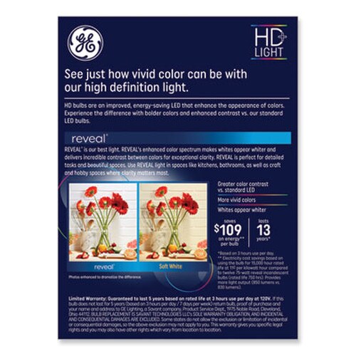 GE Reveal HD+ LED A19 Light Bulb, 8.5 W, 4/Pack Item: GEL93127795