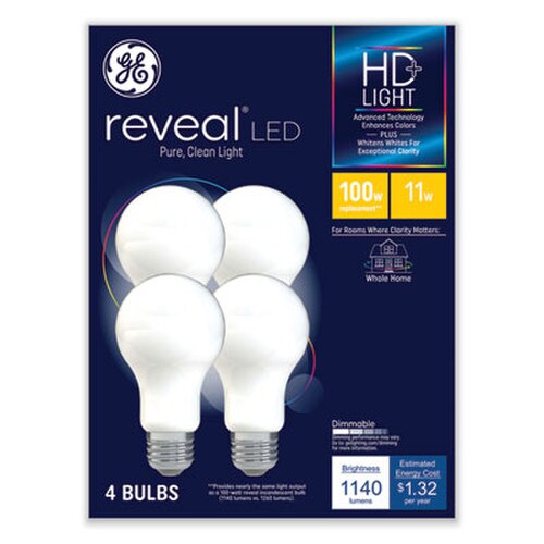 GE Reveal HD+ LED A19 Light Bulb, 11 W, 4/Pack Item: GEL93127996