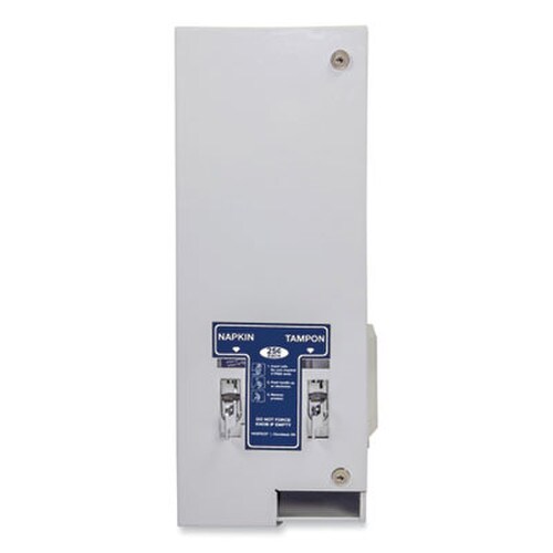 Dual Sanitary Napkin/Tampon Dispenser, 25 Cent Coin Mechanism, 11.13 x 7.63 x 26.38, White/Blue Dual Sanitary Napkin/Tampon Dispenser, 25 Cent Coin Mechanism, 11.13 x 7.63 x 26.38, White/Blue