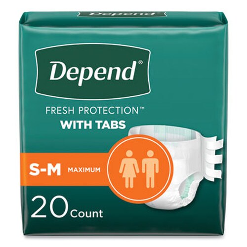 Depend® Incontinence Protection with Tabs, Small/Medium, 19" to 34" Waist, 20/Pack, 3 Packs/Carton Item: KCC35456