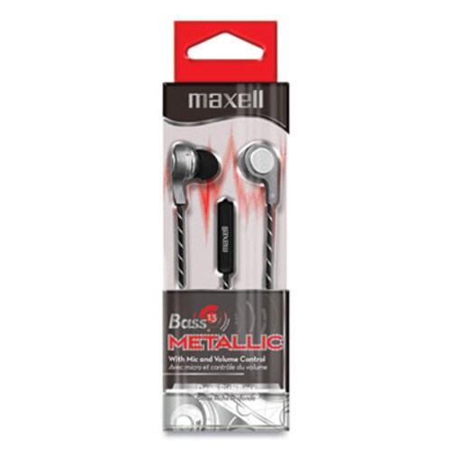 Maxell® Bass 13 Metallic Earbuds with Microphone, 4 ft Cord, Silver Item: MAX199600