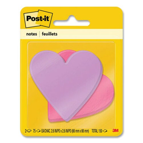 Post-it® Notes Die-Cut Heart Shaped Notepads, 3" x 3", Pink/Purple, 75 Sheets/Pad, 2 Pads/Pack Item: MMM7350HRT