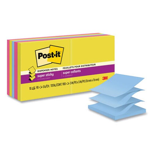 Post-it® Pop-up Notes Super Sticky Pop-up Notes Summer Joy Collection Colors, 3" x 3", Assorted Colors, 90 Sheets/Pad, 10 Pads/Pack Item: MMMR33010SSJOY