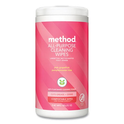 Method® All Purpose Cleaning Wipes, 1 Ply, Pink Grapefruit, White, 70/Canister, 6/Carton Item: MTH338527
