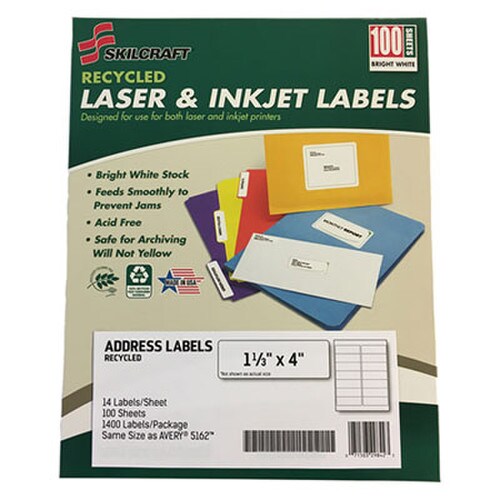 AbilityOne® 7530016736513, SKILCRAFT Recycled Laser and Inkjet Labels, Inkjet/Laser Printers, 1.33 x 4, White, 14/Sheet, 100 Sheets/Box Item: NSN6736513