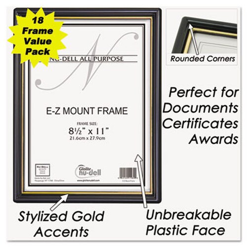 NuDell™ EZ Mount Document Frame with Trim Accent and Plastic Face, Plastic, 8.5 x 11 Insert, Black/Gold, 18/Carton Item: NUD11818