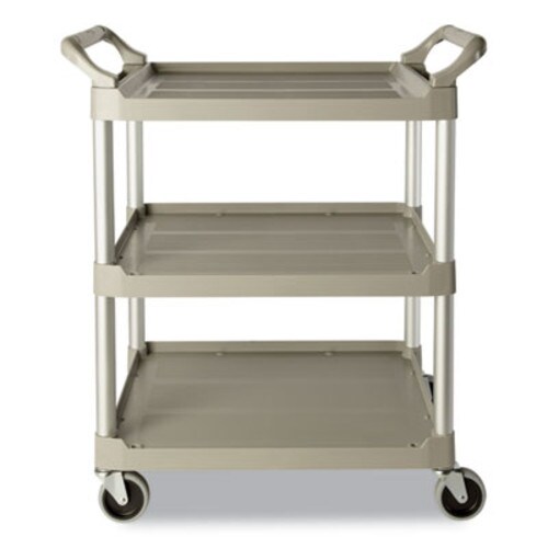 Rubbermaid® Commercial Three-Shelf Service Cart, Plastic, 3 Shelves, 200 lb Capacity, 18.63" x 33.63" x 37.75", Platinum Item: RCP342488PM