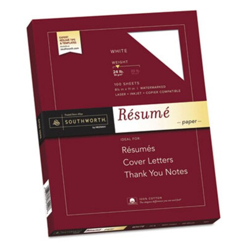 Southworth® 100% Cotton Resume Paper, 95 Bright, 24 lb Bond Weight, 8.5 x 11, White, 100/Pack Item: SOUR14CF