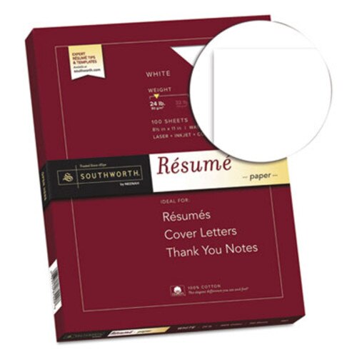 Southworth® 100% Cotton Resume Paper, 95 Bright, 24 lb Bond Weight, 8.5 x 11, White, 100/Pack Item: SOUR14CF