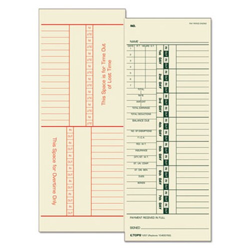 TOPS™ Time Clock Cards, Replacement for 10-800762, Two Sides, 3.5 x 9, 500/Box Item: TOP1257