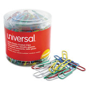 Universal® Plastic-Coated Paper Clips with One-Compartment Dispenser Tub, Jumbo, Assorted Colors, 250/Pack Item: UNV95000