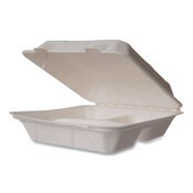 Vegware™ White Molded Fiber Clamshell Containers, Compostable, 3-Compartment, 9 x 18 x 2, White, Sugarcane, 200/Carton Item: VEGWHBRG93HW
