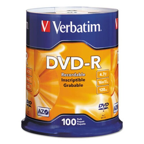 Verbatim® DVD-R Recordable Disc, 4.7 GB, 16x, Spindle, Silver, 100/Pack Item: VER95102