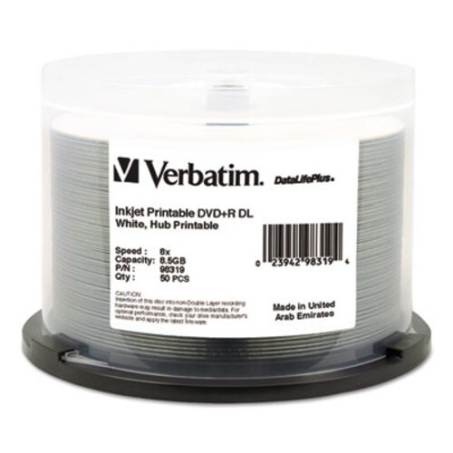 Verbatim® DVD+R Dual Layer Printable Recordable Disc, 8.5 GB, 8x, Spindle, White, 50/Pack Item: VER98319